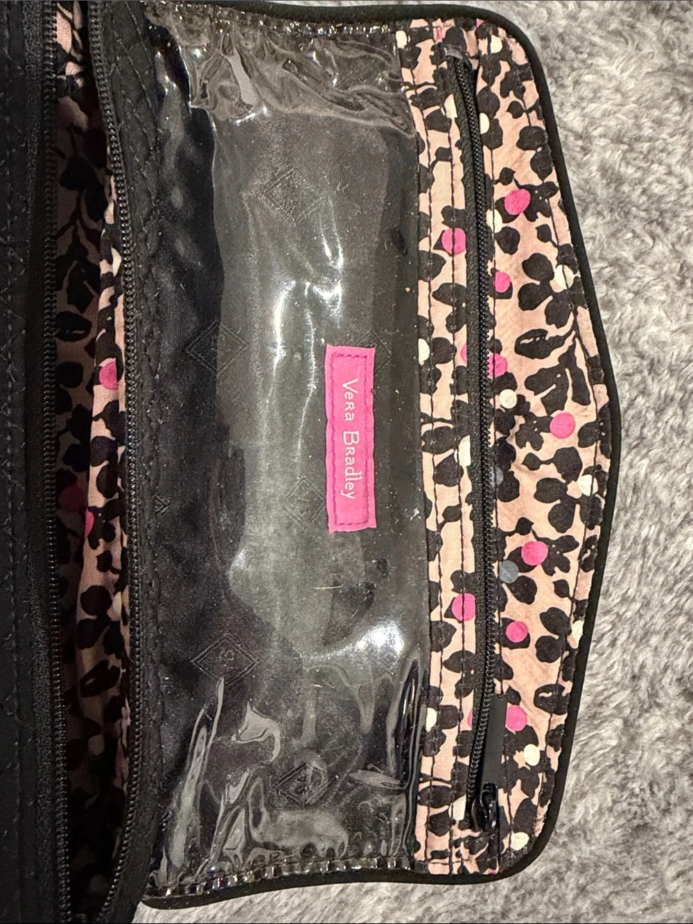 Vera Bradley Black Quilted Cosmetic Pouch with Pink Leopard Accent